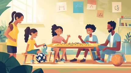 Depict people interacting through sports and games, such as teammates strategizing, friends playing board games, or children playing tag, highlighting the playful and competitive aspects of interactio