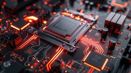 Poster - Close Up of a Computer Motherboard with Red Glowing Circuits