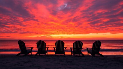 Wall Mural - Five chairs on a beach at sunset