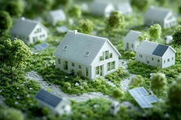 A miniature model of eco friendly homes set in a lush green environment symbolizing sustainable living green architecture and the importance of environmental responsibility.