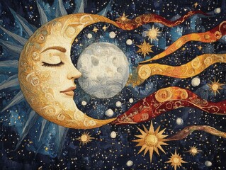 elegant and intricate celestial sun and moon embroidered design with balanced cosmic patterns abstra
