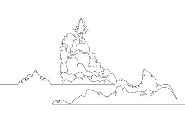 Wall Mural - Mysterious islands on the lake. Trees on top of a cliff. Sea Island. Landscape.One continuous line. Line art. Minimum one line. White background. One line drawing.