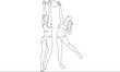 © derplan13 - Women's beach volleyball. Women in swimsuits. Volleyball players block in a jump. Female athlete. One continuous line. Line art. Minimum one line. White background. One line drawing.