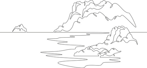 Poster - Mystical island. Mysterious seashore. Beautiful seascape.One continuous line. Line art. Minimum one line. White background. One line drawing.