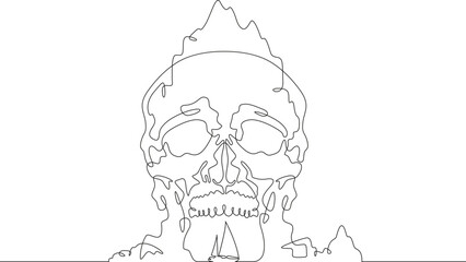 Wall Mural - Rock in the shape of a skull. Yacht near the sea cliff. Ship. Skull.Mountain seascape.One continuous line. Line art. Minimum one line. White background. One line drawing.