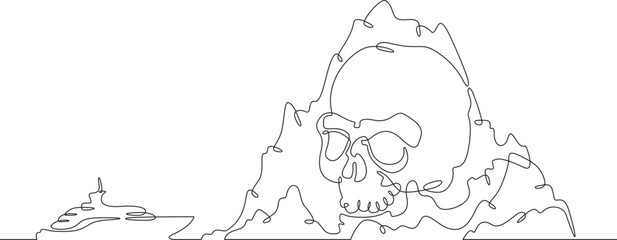 Poster - rock in the shape of a skull. yacht near the sea cliff. ship. skull.mountain seascape.one continuous