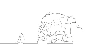 Poster - rock in the shape of a skull. yacht near the sea cliff. ship. skull.mountain seascape.one continuous