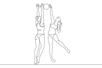 Poster - Women's beach volleyball. Women in swimsuits. Volleyball players block in a jump. Female athlete. One continuous line. Line art. Minimum one line. White background. One line drawing.