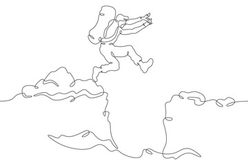 Poster - tourist jumping over the abyss. jump in the mountains. mountain climbing .tourist with a backpack.on