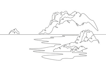 Poster - Mystical island. Mysterious seashore. Beautiful seascape.One continuous line. Line art. Minimum one line. White background. One line drawing.