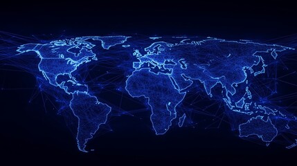 Poster - Global Network Connectivity Represented Through Blue Light Shining Across Continents at Night in Dark Background