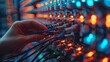 © LuvTK - A close-up shot of an engineer's hands securing network connections, intricate details of connectors and cables, dim server room lighting, sleek modern servers. Sharp focus, high clarity,