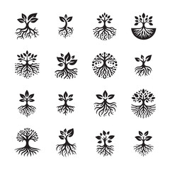 Tree root logo design collection , Tree and root silhouette icons set, logo style,  symbol, silhouette of tree, logo style vector tree, tree roots vector icon