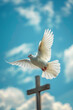 © Top AI images - Holy spirit symbol, white dove flying over wooden cross with blue sky background