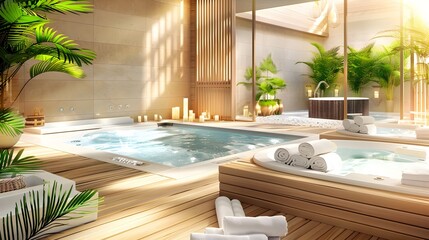 Canvas Print - Luxurious Spa with Hot Tubs and Tropical Plants.