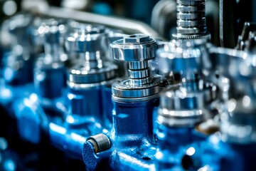 Poster - Precision engineered robot parts on assembly line under blue tinted lights depicting industrial efficiency.