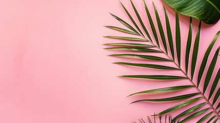 Sticker - Top view summer holiday scene with palm leaf on pink background with space for text