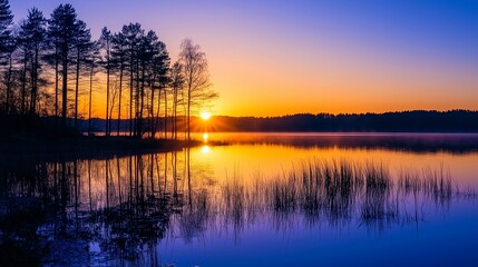 Wall Mural - stunning sunset over calm lake surrounded by tall trees in early evening