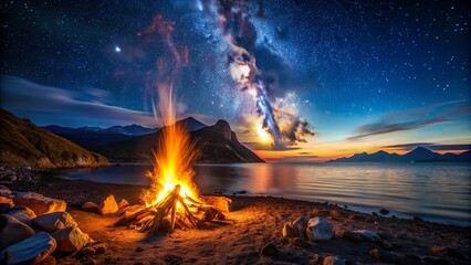 Poster - Bonfire burning at night against mountain and sea backdrop with bright stars , bonfire, night, mountains, sea, stars, flames