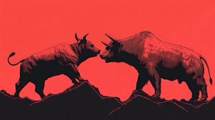 Poster - of a bull and bear fighting with a crashing market chart depicting the volatility and turmoil of the financial crisis and economic downturn