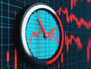 Poster - Clock Face with Downward Trending Market Chart Symbolizing the Time Running Out During a Financial Crash Economic Recession or Market Volatility