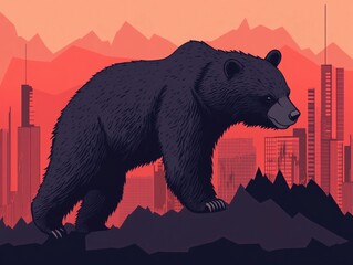 Poster - Depicting a Bear Pushing Down a Declining Market Graph Representing Bearish Trends and a Market Crash in the Financial Sector