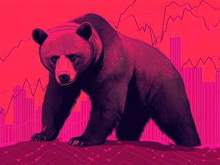Poster - of a bear forcefully pushing down a market graph depicting bearish economic trends and a declining financial market  This image represents the concept of a market crash recession