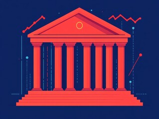 Poster - Detailed depicting a bank building with falling market charts representing the concept of a financial institution crisis or market collapse due to economic downturn or recession