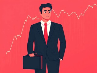 Poster - Cartoon of a professional financial advisor or broker holding a briefcase with a rapidly declining chart representing the economic crisis and market crash in the business world