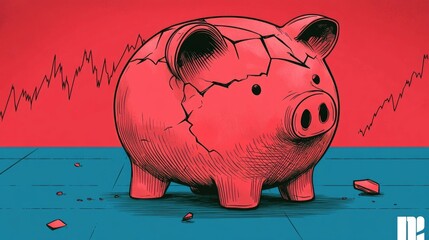 Poster - depicting a shattered piggy bank with a crashing chart representing the financial crisis savings loss and the impact of the market crash on personal wealth and investments