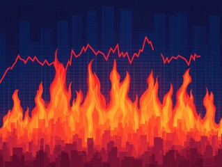 Poster - of a burning market graph with red flames symbolizing the market crash financial crisis and economic destruction