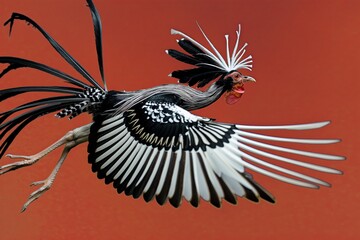 Canvas Print - Silver pheasant flying with outstretched wings on red background