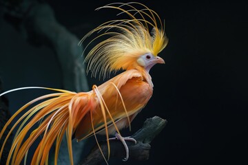 Canvas Print - Golden pheasant bird sitting on a branch displaying its plumage