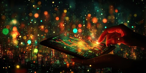 Poster - Hand Interacting with a Tablet Showing Data Over a Cityscape at Night