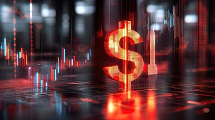 Poster - Illuminated Dollar Sign Symbol with Financial Data in the Background