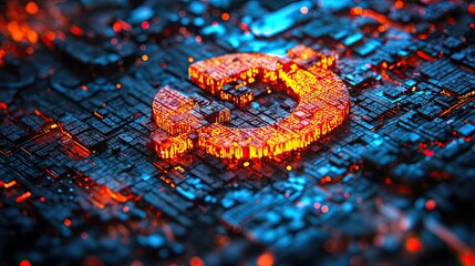 Poster - A glowing red abstract symbol on a dark blue circuit board.