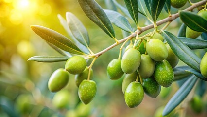 Close-up of ripe green olives on branch, olives, branch, Mediterranean, harvest, agriculture, organic, cooking, food, healthy, natural