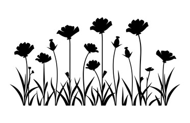 Wall Mural - Wildflower Meadow Silhouettes Vector, Meadow Flower Black Silhouette Clipart