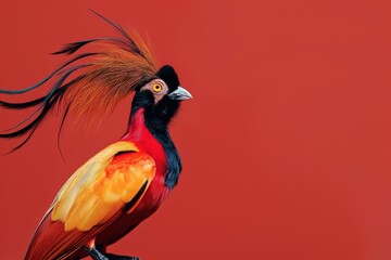 Wall Mural - Royal flycatcher bird posing on a red background