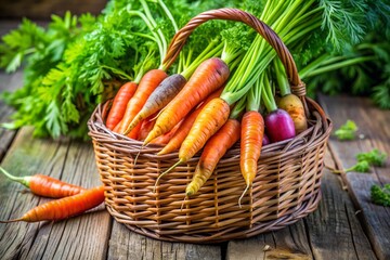 A basket full of carrots and green vegetables