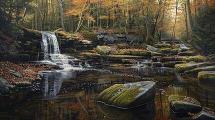 Wall Mural - Autumnal Waterfall in a Tranquil Forest