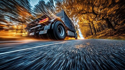 Sticker - A Semi-Truck Speeding Through an Autumn Forest