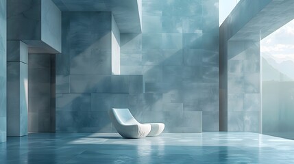 Poster - Modern Minimalist Interior Design with Blue Tile and White Chair.