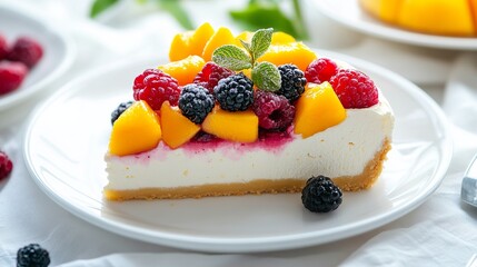 Wall Mural - A slice of cheesecake with berries and mango filling on a white plate, showcasing a delicious and appetizing dessert.