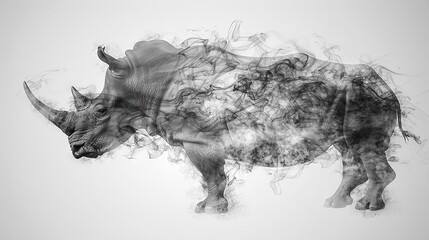 Canvas Print -   A monochrome image of a rhino exhaling smoke from its rear