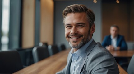 Portrait of a handsome business leader wearing suit sitting leaning on meeting table blurred background