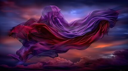 Wall Mural -  A woman in a purple-red dress flies through the air against a backdrop of purple clouds