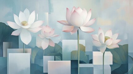 Wall Mural - Abstract painting of lotus flowers with geometric