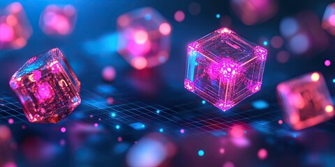 Poster - Glowing Crystal Cubes in a Cyber Grid