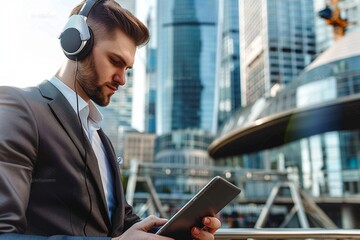 Young businessman in a suit using a tablet and headphones with a modern skyscraper and cityscape background, sharp focus, and bokeh effect.